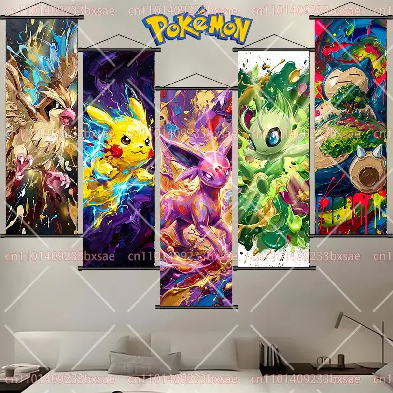 Set of five colorful pokémon scroll painting panels featuring pikachu and eevee on durable canvas wall art