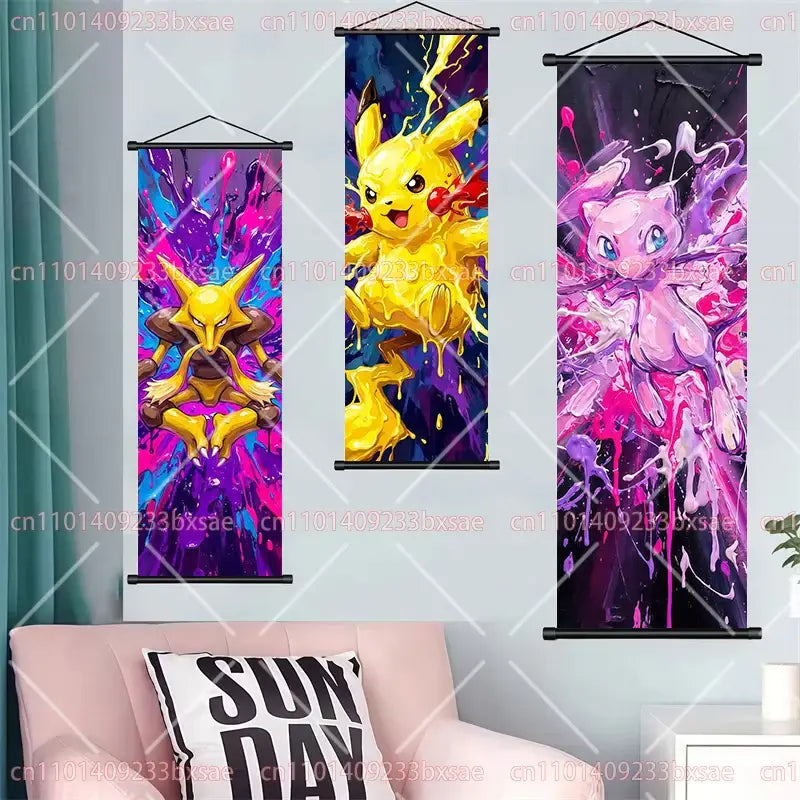 Pokemon Eevee Pikachu scroll painting set on durable canvas with vibrant paint-splatter wall art designs
