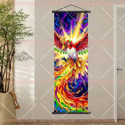 Pokemon eevee pikachu scroll painting featuring vibrant multicolored phoenix wall art on durable canvas