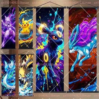 Pokemon eevee pikachu scroll painting with vibrant cosmic pokémon wall art on durable canvas for dynamic decor