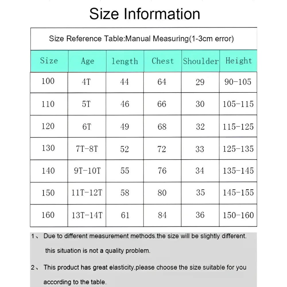 Size reference table in centimeters for stretchy Pokémon Eevee quick-dry t-shirt sizes 100 to 160 for parent and child