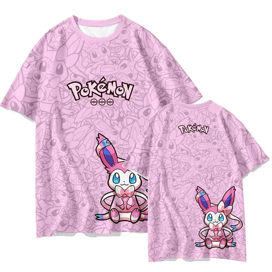 Pink sylveon-themed Pokémon Eevee quick-dry t-shirt with full-body print and logo for parent and child use