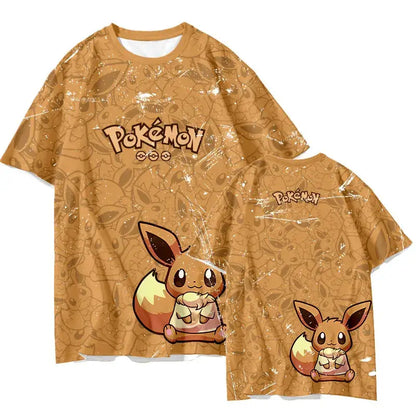Tan Pokémon Eevee quick-dry t-shirt featuring full-body Eevee print with food and brown Pokémon logo for parent and child