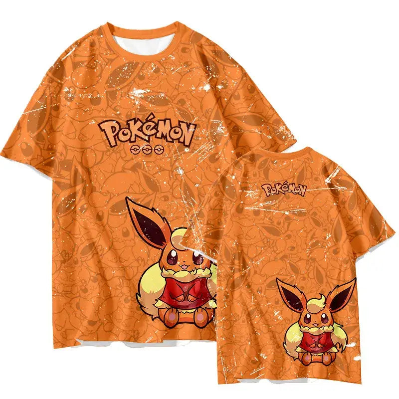 Orange Pokémon Eevee quick-dry t-shirt with printed Eevee in red outfit and subtle background patterns for parent and child