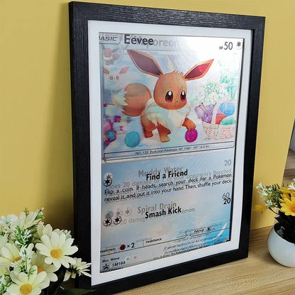 Framed pokemon eevee lenticular poster wall art featuring brown fur and white scarf with colorful yarn balls background