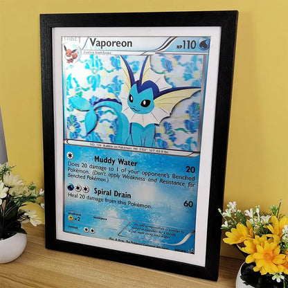 A framed pokemon eevee vaporeon lenticular poster featuring blue and white vaporeon with floral patterns wall art