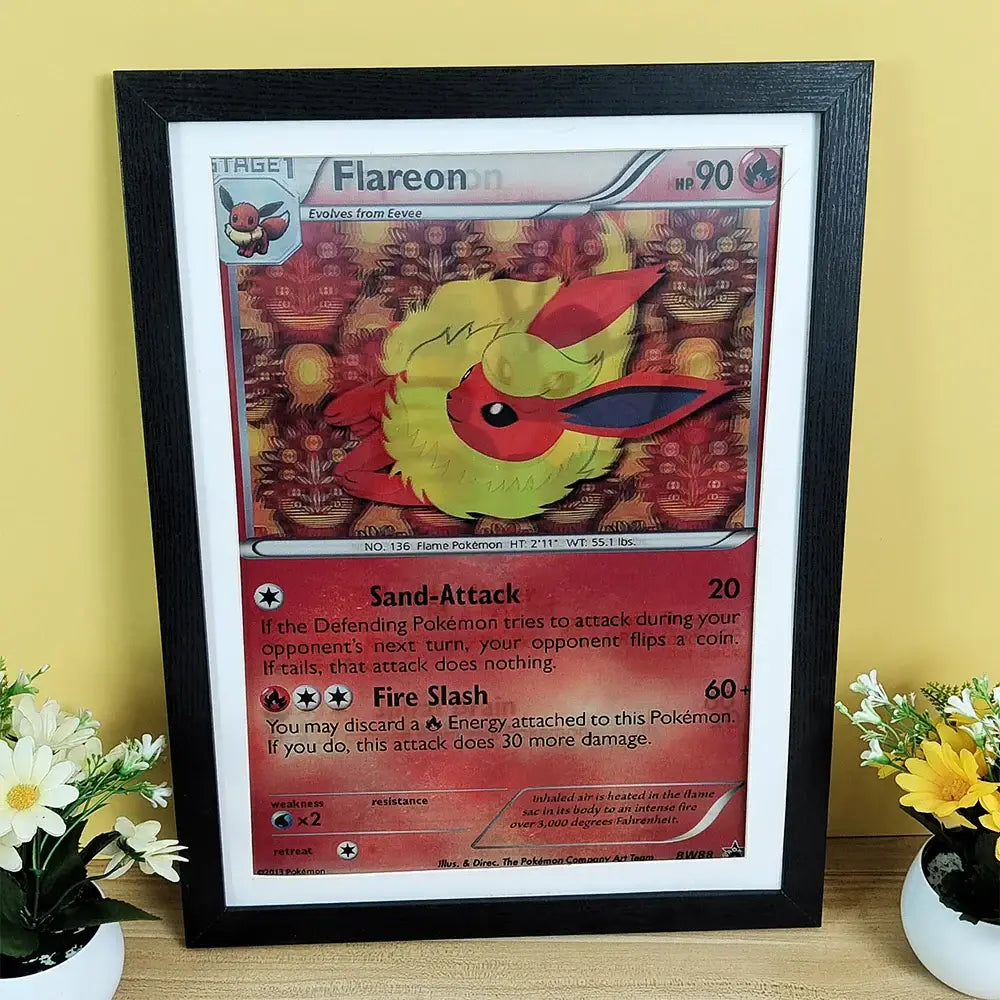 A framed flareon pokemon eevee vaporeon lenticular poster featuring vibrant yellow red fur with fiery wall art design