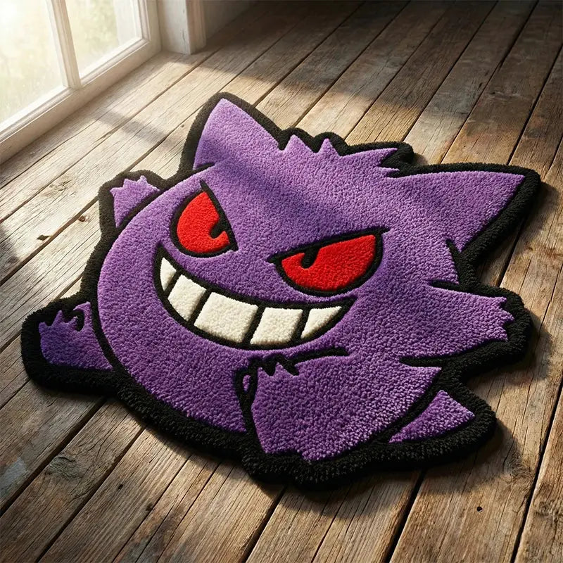Purple plush gengar-shaped rug with red eyes white teeth and black outline for pokemon anime gaming room mat