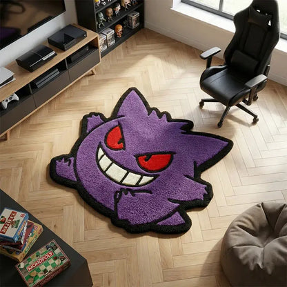 Purple and black plush Pokémon gengar rug with red eyes and wide grin perfect for custom gaming room decor