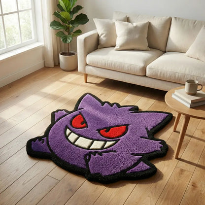 Purple plush Pokémon gengar anime rug with red eyes wide grin and black trim perfect for custom gaming rooms