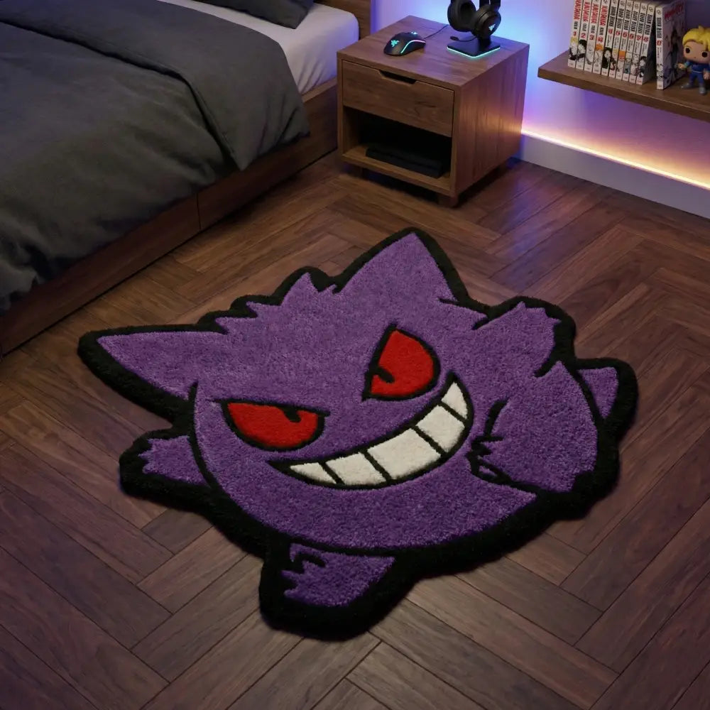 Purple gengar-shaped anime rug with red eyes white grin and black trim for custom gaming room mat