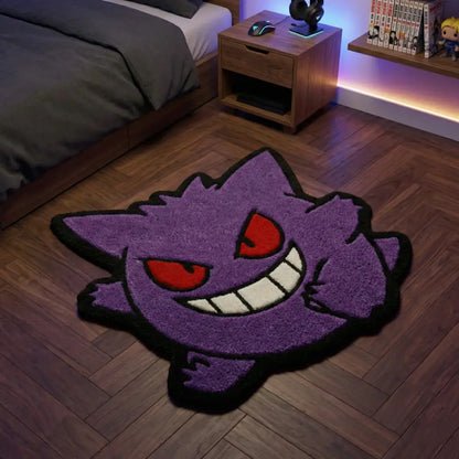 Purple gengar-shaped anime rug with red eyes white grin and black trim for custom gaming room mat
