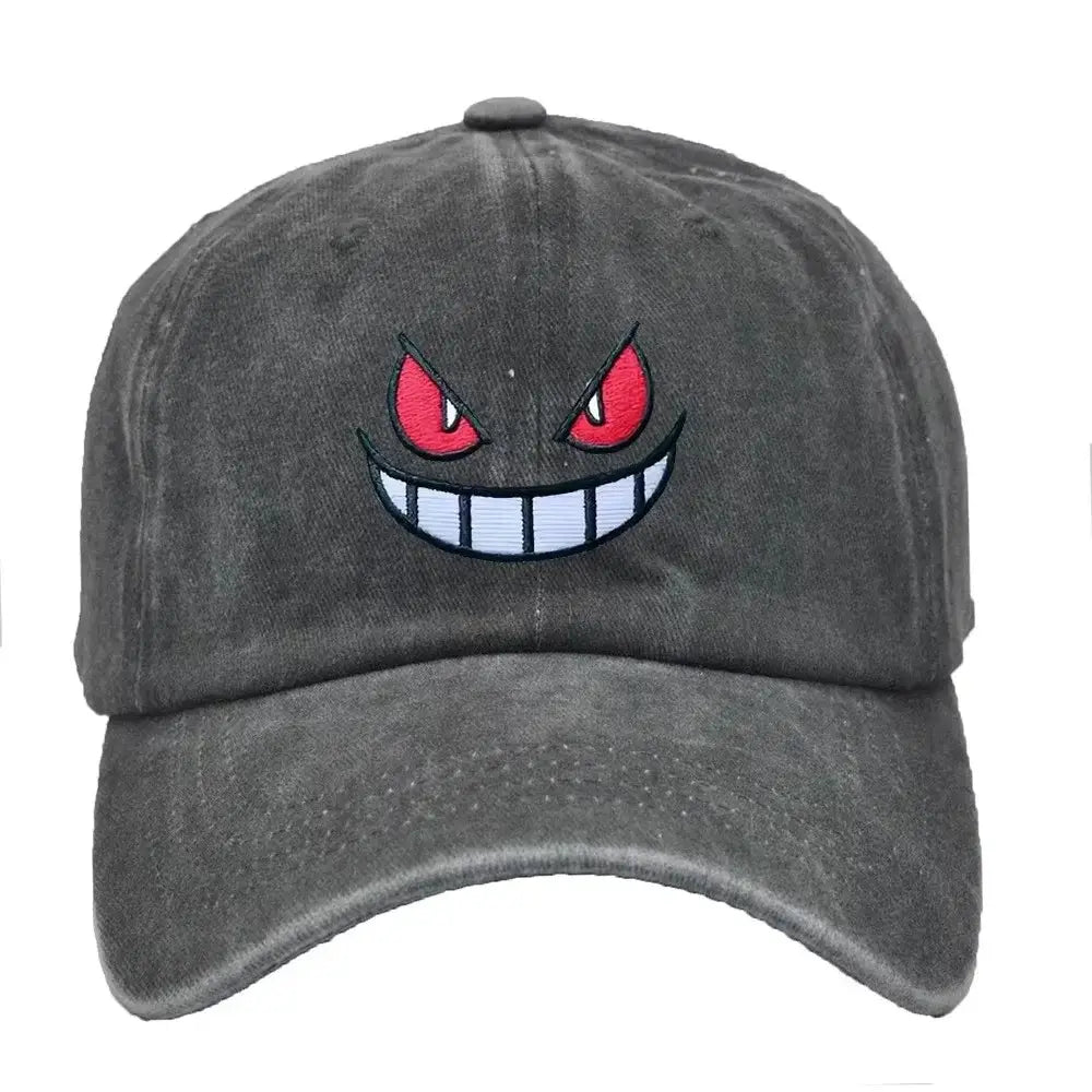 Dark gray distressed gengar baseball cap with embroidered red eyes and white grin adjustable sun hat for sun protection