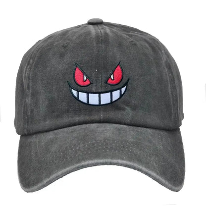 Dark gray distressed gengar baseball cap with embroidered red eyes and white grin adjustable sun hat for sun protection