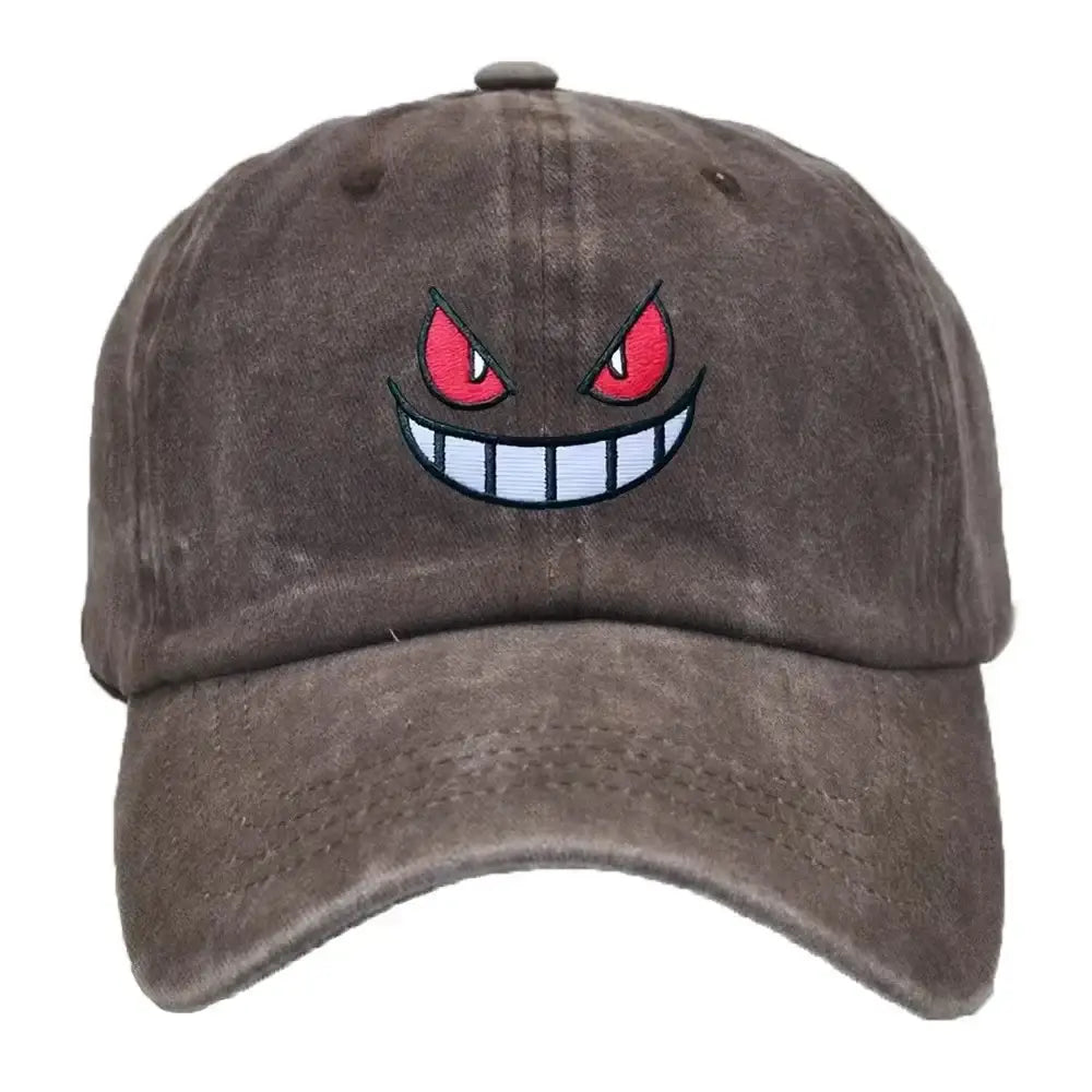 Brown distressed cotton adjustable sun hat featuring an embroidered gengar baseball face with red eyes and wide grin