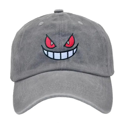 Gray adjustable sun hat featuring an embroidered gengar baseball cap face with red eyes and a wide toothy grin