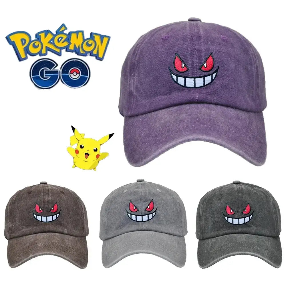 Purple distressed cotton gengar baseball cap with red eyes embroidery adjustable sun hat for sun protection