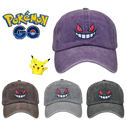 Purple distressed cotton gengar baseball cap with red eyes embroidery adjustable sun hat for sun protection