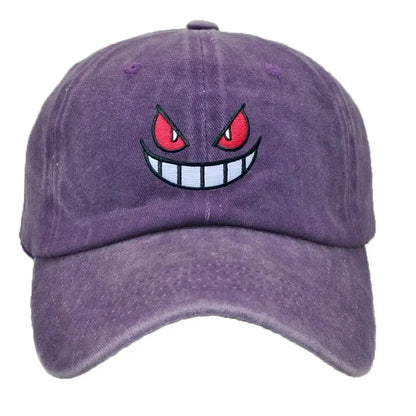 Purple distressed cotton gengar baseball cap featuring an adjustable sun hat with red eyes and wide grin embroidery