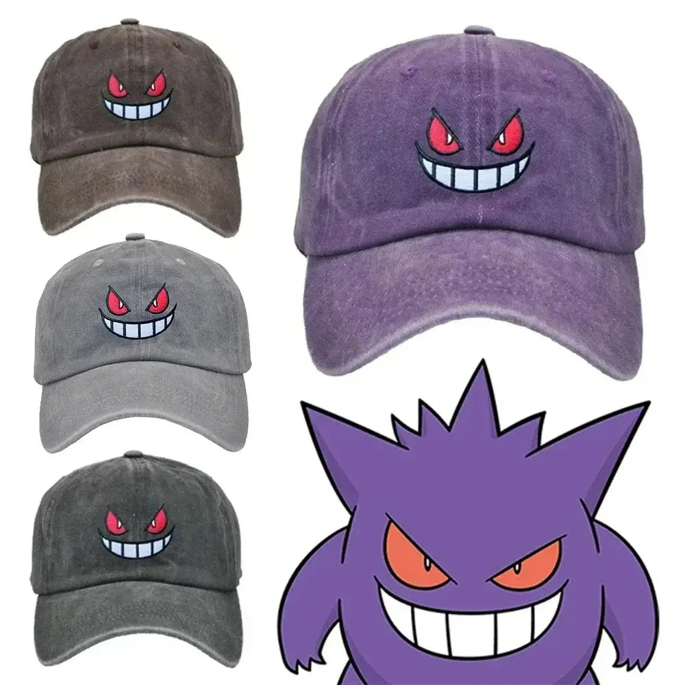 Purple gengar baseball cap with embroidered red eyes and white teeth adjustable sun hat for outdoor use