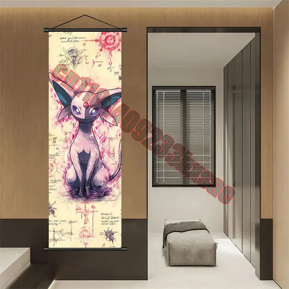 Vertical canvas scroll featuring eevee with glowing blue eyes and purple fur against red scientific sketches for pokemon gengar charizard wall art decor