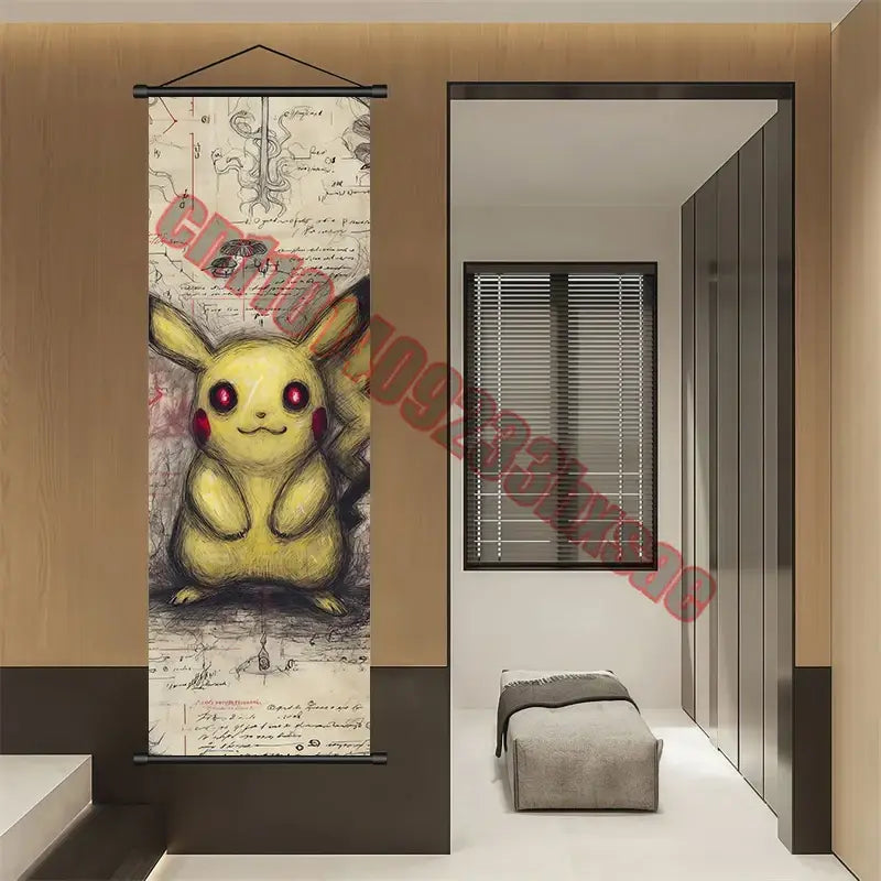 Yellow pikachu with red cheeks and glowing eyes on a canvas scroll from the pokemon gengar charizard wall art decor collection