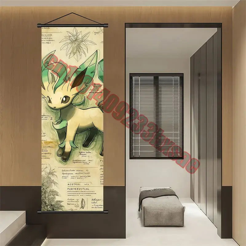 Pokemon gengar charizard canvas scroll featuring detailed leafeon illustration on aged parchment with botanical sketches