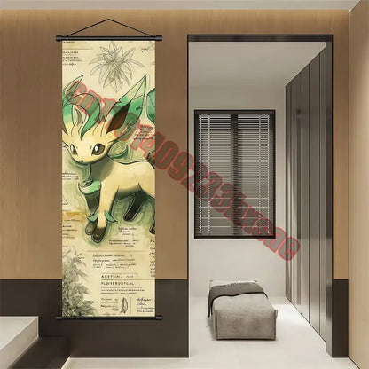Pokemon gengar charizard canvas scroll featuring detailed leafeon illustration on aged parchment with botanical sketches