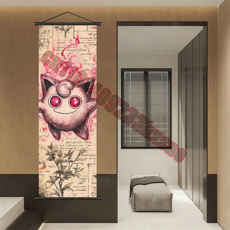 Pink jigglypuff poster with red eyes and vintage text background featured on a pokemon gengar charizard canvas scroll wall art decor