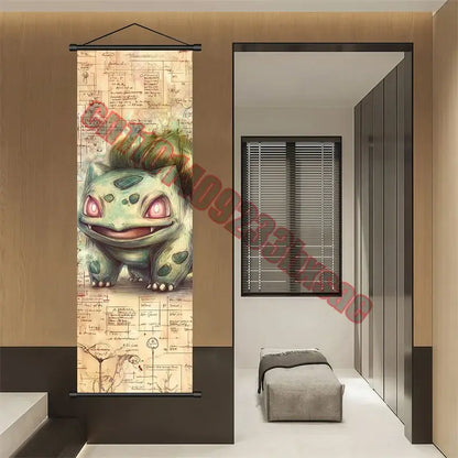 Pokemon gengar charizard canvas scroll featuring a detailed bulbasaur illustration on aged parchment wall art decor