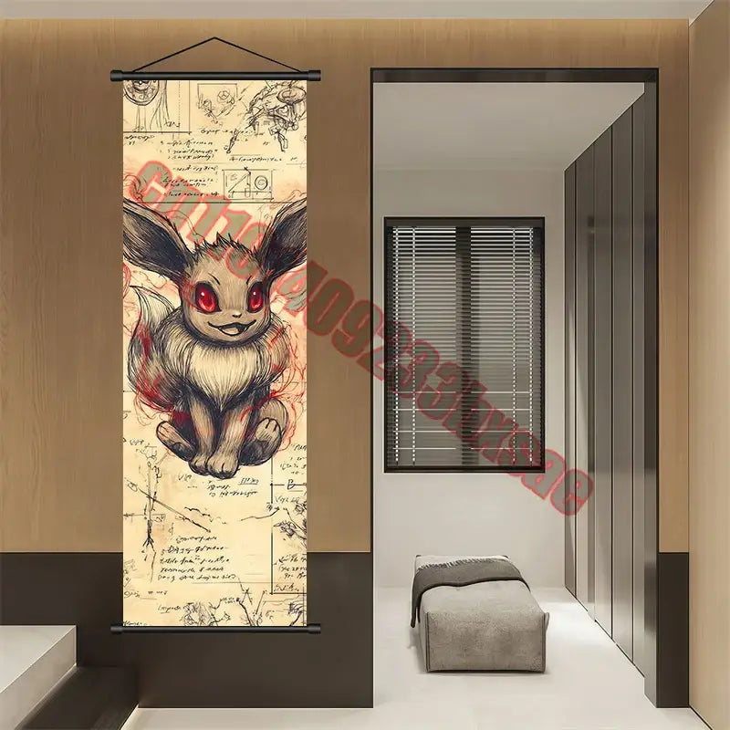 Pokemon gengar charizard canvas scroll featuring eevee with glowing red eyes in a blueprint style on aged parchment
