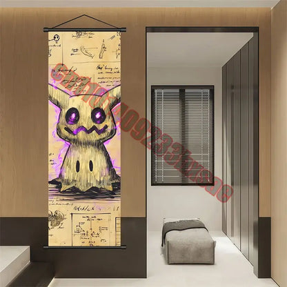 Beige canvas scroll wall art featuring a purple-eyed mimikyu with scientific diagrams for pokemon gengar charizard decor