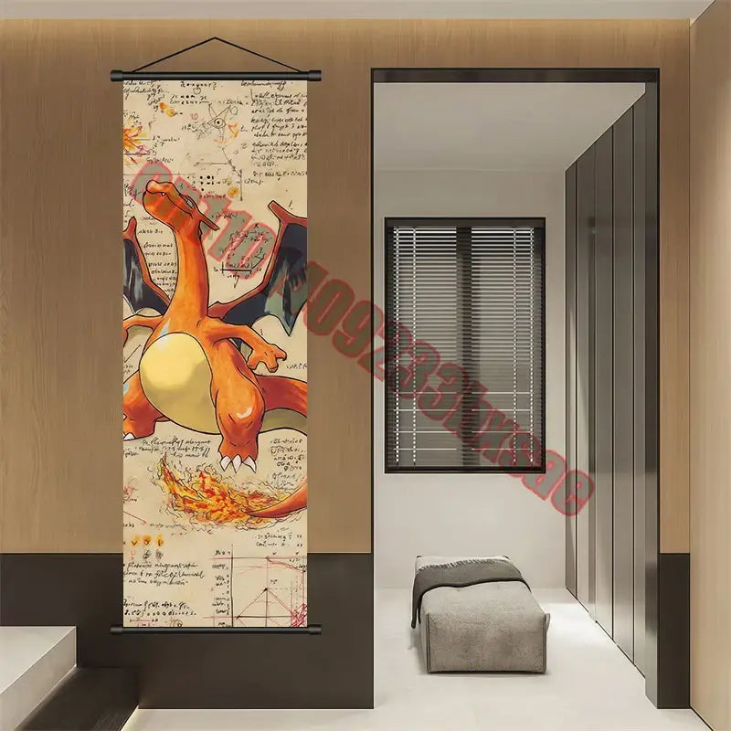 Pokemon gengar charizard canvas scroll wall art featuring vibrant orange charizard with scientific diagrams on beige background