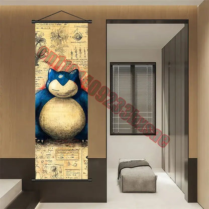 Blue and beige snorlax-themed vintage blueprint canvas scroll for pokemon gengar charizard wall art decor