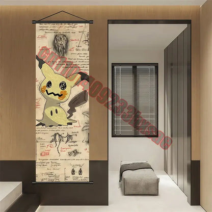 Beige canvas scroll wall art featuring cartoon pikachu with yellow orange accents and pokemon gengar charizard sketches