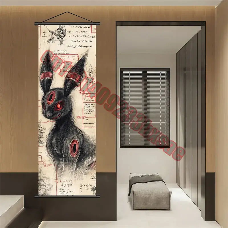 Black rabbit-themed pokemon gengar charizard canvas scroll with red eyes and circular markings on parchment background