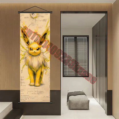 Pokemon gengar charizard canvas scroll featuring a yellow and white eevee with lightning bolt accents on a wooden wall