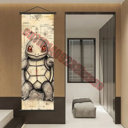 Pokemon gengar charizard canvas scroll featuring a sketch-style squirtle with glowing red eyes and technical blueprint lines