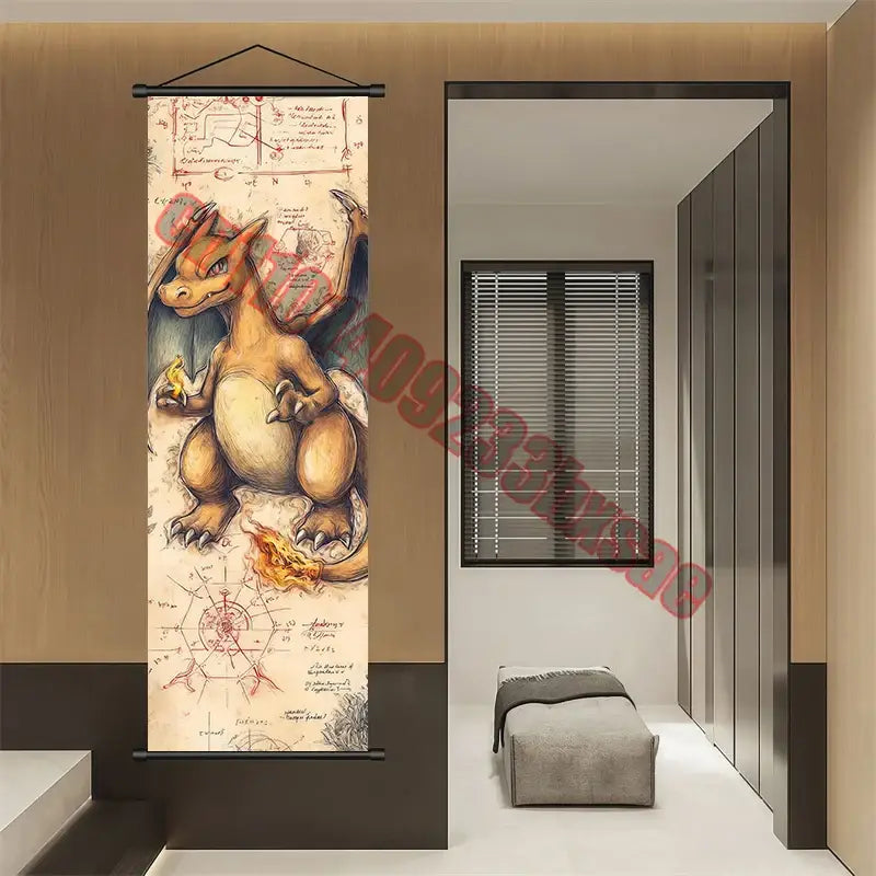 Pokemon gengar charizard canvas scroll wall art features detailed charizard illustration on aged parchment background