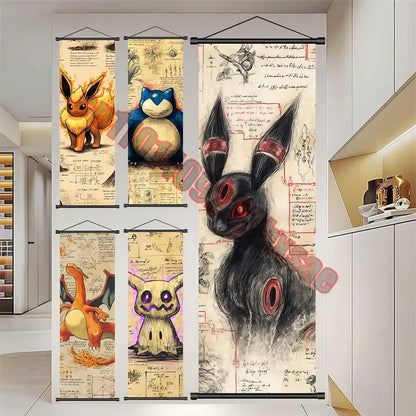 Pokemon gengar charizard canvas scroll featuring a black and red mewtwo-themed vintage scientific manuscript design wall art decor