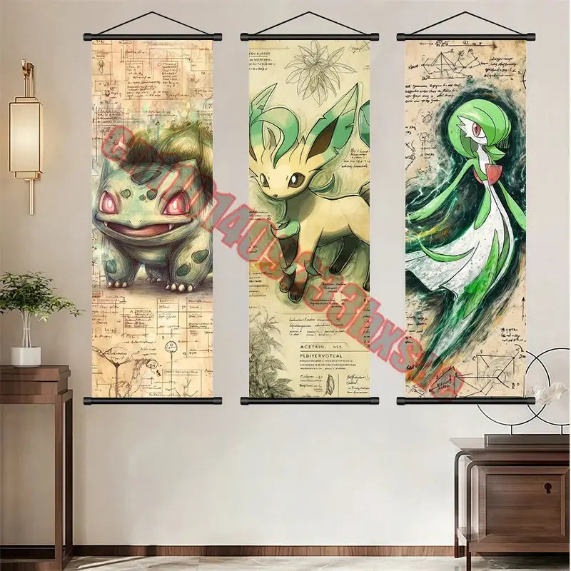 Three vertical pokémon-themed canvas scrolls featuring bulbasaur eevee and seraphine on aged parchment with scientific illustrations for pokemon gengar charizard canvas wall art decor