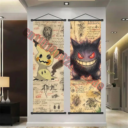 Two pokemon gengar charizard canvas scroll wall art featuring yellow pikachu and black gengar on white wall decor