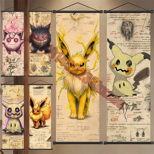 Pokemon gengar charizard canvas scroll featuring yellow jolteon with lightning effects on parchment-style background wall art decor