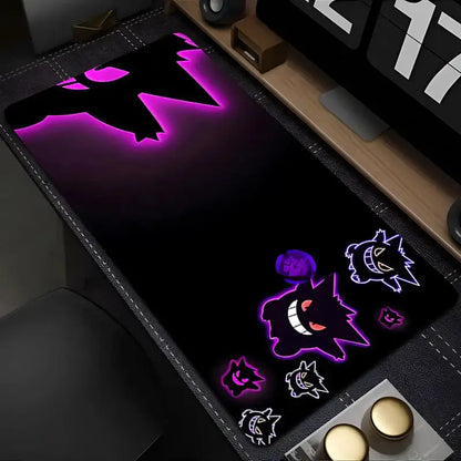Black pokemon gengar desk mat with glowing purple outlines of characters 90x40cm mouse pad for gaming setup