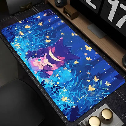 Pokemon gengar desk mat 90x40cm mouse pad with vibrant blue and purple anime design featuring gengar pikachu and glowing butterflies