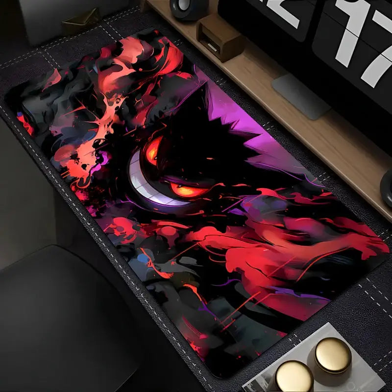 Pokemon gengar desk mat 90x40cm mouse pad with vibrant fiery design and glowing red eyes for gaming use