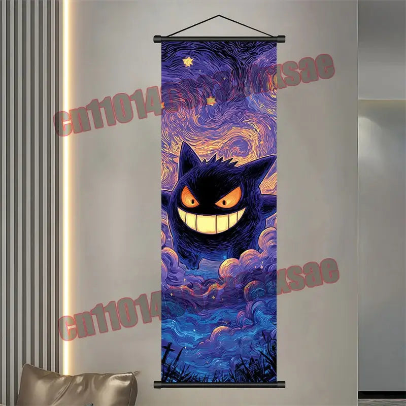 A black pokemon gengar with glowing orange eyes and a toothy grin on a purple starry pikachu scroll tapestry poster