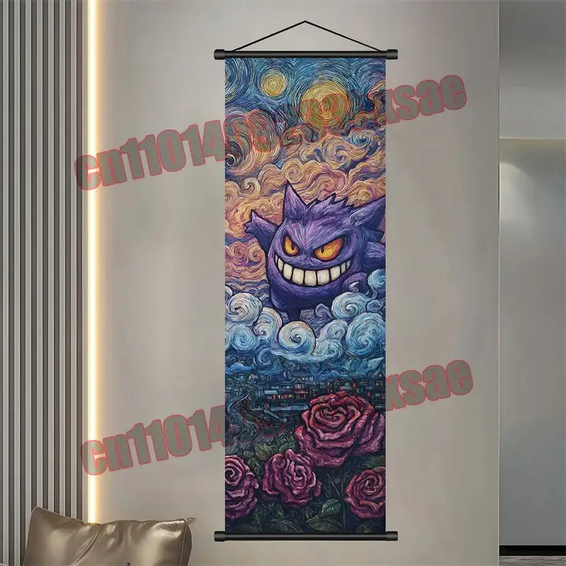 Purple pokemon gengar wall scroll with starry sky and roses in van gogh style perfect pikachu scroll retro decor