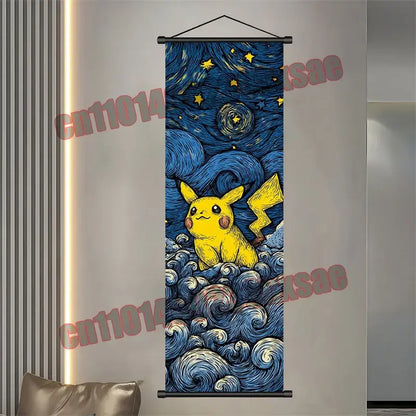 Vibrant yellow pikachu scroll poster with swirling blue waves under starry sky in van gogh style pokemon gengar decor