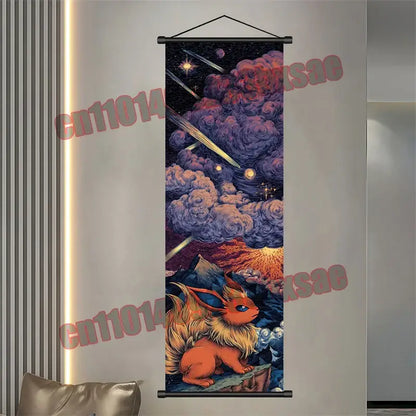 A vibrant pokemon gengar eevee pikachu scroll poster featuring eevee in a cosmic scene with purple clouds and stars
